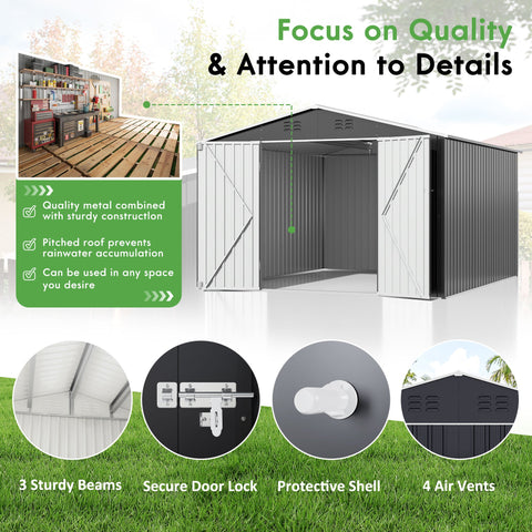 10' x 10' Outdoor Storage Shed, Steel Shed Storage House with Design of Lockable Doors, Utility and Tool Storage for Garden, Patio, Backyard