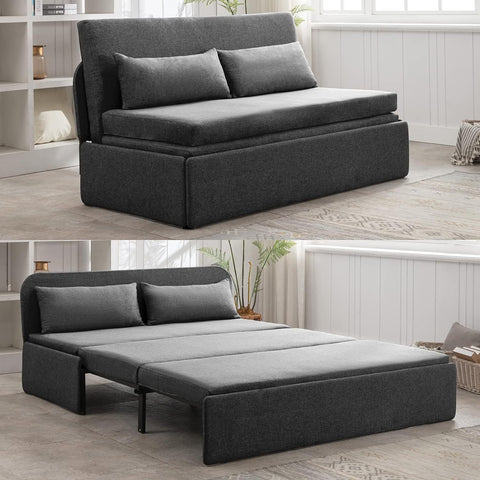 Queen Size Pull Out Sofa Bed, Pull Out Couch Bed with 2 Pillows, Linen Convertible Sleeper Sofa with Foldable Mattress, 2 in1 Armless Sleeper Sofa for Living Room (Dark Gray)