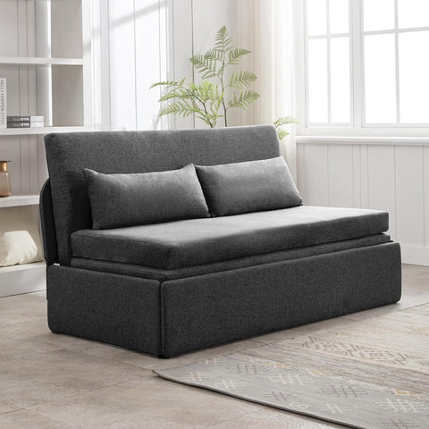 Queen Size Pull Out Sofa Bed, Pull Out Couch Bed with 2 Pillows, Linen Convertible Sleeper Sofa with Foldable Mattress, 2 in1 Armless Sleeper Sofa for Living Room (Dark Gray)