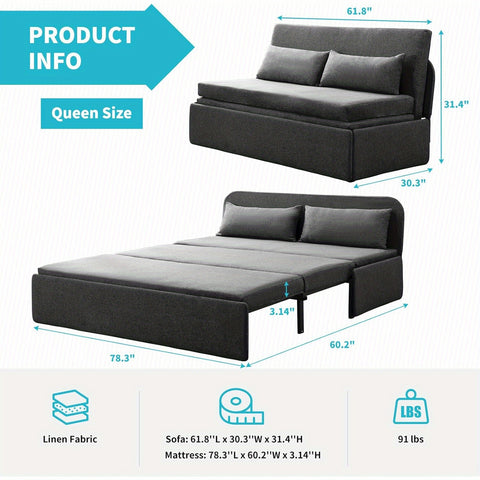 Queen Size Pull Out Sofa Bed, Pull Out Couch Bed with 2 Pillows, Linen Convertible Sleeper Sofa with Foldable Mattress, 2 in1 Armless Sleeper Sofa for Living Room (Dark Gray)