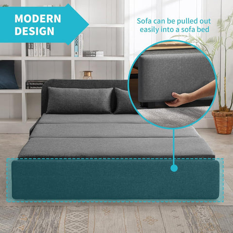 Queen Size Pull Out Sofa Bed, Pull Out Couch Bed with 2 Pillows, Linen Convertible Sleeper Sofa with Foldable Mattress, 2 in1 Armless Sleeper Sofa for Living Room (Dark Gray)