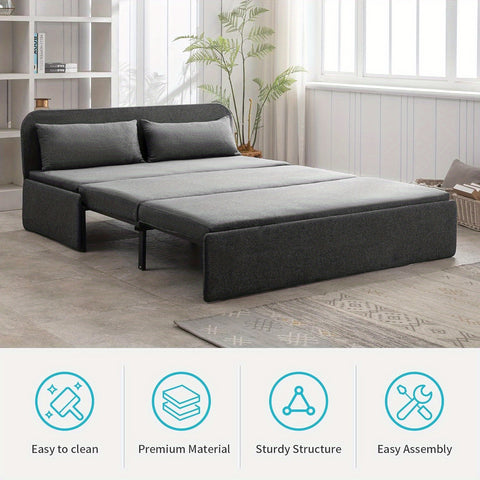 Queen Size Pull Out Sofa Bed, Pull Out Couch Bed with 2 Pillows, Linen Convertible Sleeper Sofa with Foldable Mattress, 2 in1 Armless Sleeper Sofa for Living Room (Dark Gray)