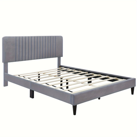 4-piece set of large padded platform bed with two bedside tables and gray storage table