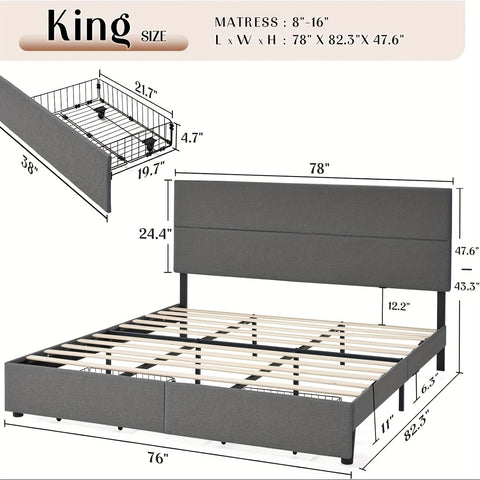 Platform Bed Frame with 47.6" Adjustable Linen Upholstered Headboard, Two Storage Drawers, Wooden Slats, No Box Spring Needed, Easy to Assemble, Noise-Free