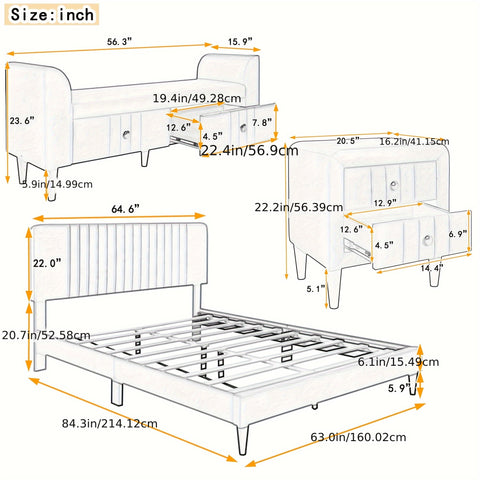 4-piece set of large padded platform bed with two bedside tables and gray storage table