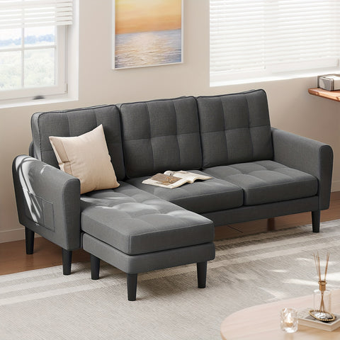 Modern Convertible Sectional Sofa With Ottoman, 3-Seat L-Shaped Design In Stylish Linen Fabric, Reversible Chaise - Perfect Small Couch For Apartments, Living Rooms, And Offices, Dark Grey