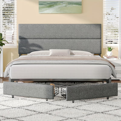 Platform Bed Frame with 47.6" Adjustable Linen Upholstered Headboard, Two Storage Drawers, Wooden Slats, No Box Spring Needed, Easy to Assemble, Noise-Free