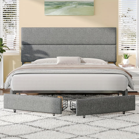 Platform Bed Frame with 47.6" Adjustable Linen Upholstered Headboard, Two Storage Drawers, Wooden Slats, No Box Spring Needed, Easy to Assemble, Noise-Free