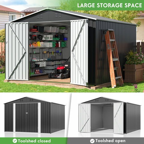 10' x 10' Outdoor Storage Shed, Steel Shed Storage House with Design of Lockable Doors, Utility and Tool Storage for Garden, Patio, Backyard