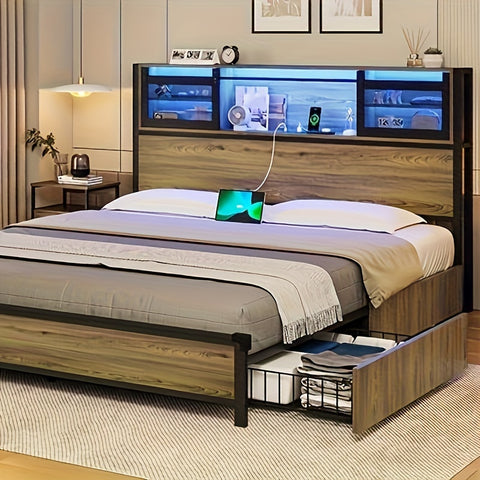 Full Size Bed Frame with Drawers and Storage Headboard, Metal Platform Bed with Storage Headboard with LED Lights and USB  Charging Station, Sliding Door, Hidden Storage, Stable Structure