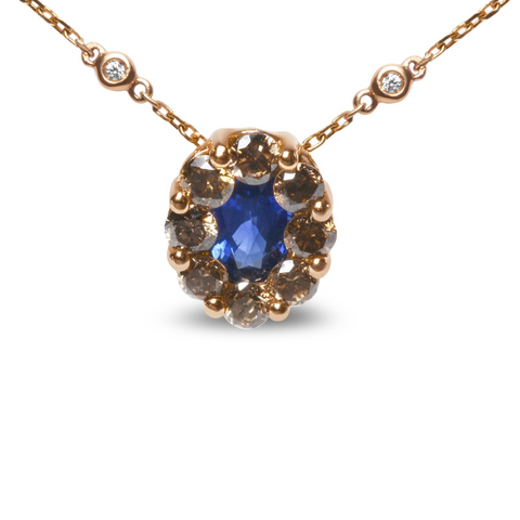 18K Rose Gold 5/8 Cttw White and Brown Diamond Accent and 7 x 4mm Oval Blue Sapphire Gemstone Statement Halo Cluster Pendant Necklace (Brown and G-H Color, SI1-SI2 Clarity) - Adjustable up to 16" - 18"