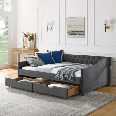 Full Size Daybed with Drawers Upholstered Tufted Sofa Bed, with Button on Back and Copper Nail on Waved Shape Arms(80.5''x55.5''x27.5'')