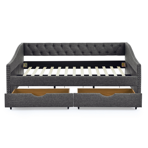 Full Size Daybed with Drawers Upholstered Tufted Sofa Bed, with Button on Back and Copper Nail on Waved Shape Arms(80.5''x55.5''x27.5'')