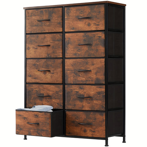 Dresser for Bedroom, 10 Storage Drawers, Tall Fabric Closet Chests Organizer Tower Furniture with Wooden Top Metal Frame for Clothes