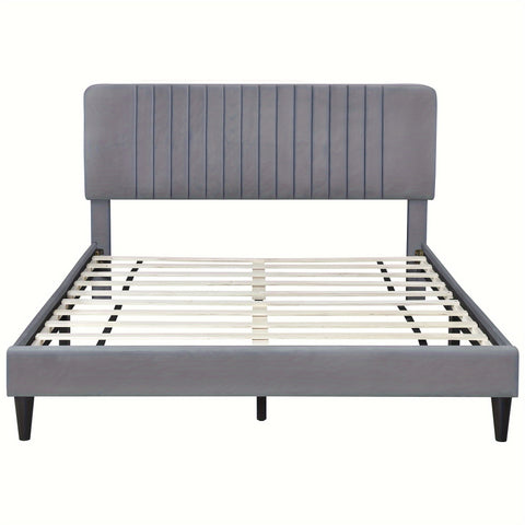 4-piece set of large padded platform bed with two bedside tables and gray storage table