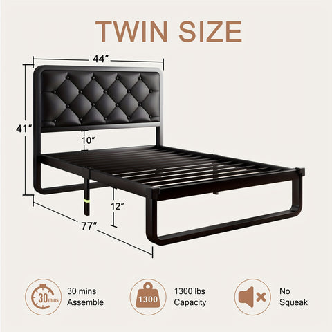 Metal Bed Frame with Button Tufted Upholstered Headboard, Heavy Duty Platform Bed Frame with 12" Storage, No Box Spring Needed