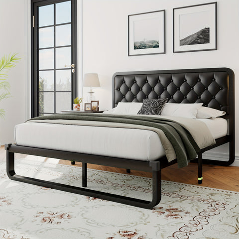 Metal Bed Frame with Button Tufted Upholstered Headboard, Heavy Duty Platform Bed Frame with 12" Storage, No Box Spring Needed