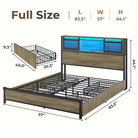 Full Size Bed Frame with Drawers and Storage Headboard, Metal Platform Bed with Storage Headboard with LED Lights and USB  Charging Station, Sliding Door, Hidden Storage, Stable Structure