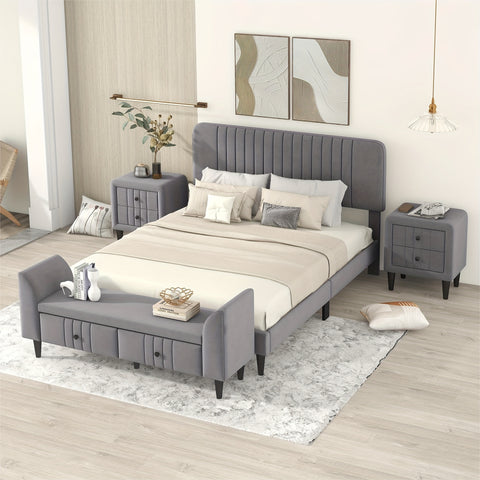 4-piece set of large padded platform bed with two bedside tables and gray storage table