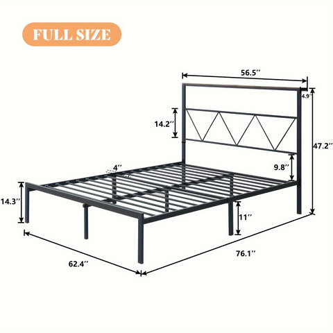 1pc Metal Bed Frame With Headboard Shelf, Classic Style Platform With LED Strip Light, 11" Underbed Clearance For Storage, Noise-Free, No Box Spring Needed - Sturdy Iron Construction