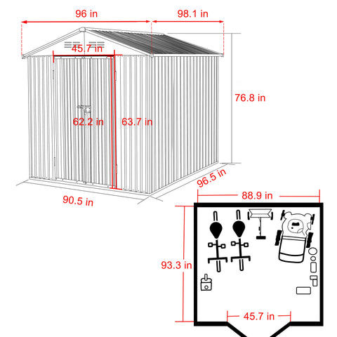 8x8 Large Metal Storage Shed for Patio, Garage, and Yard - Durable Thickened Galvanized Steel Construction, Lockable Door, Air Vents