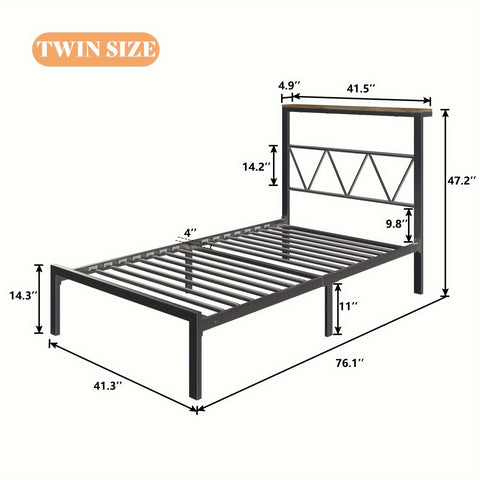 1pc Metal Bed Frame With Headboard Shelf, Classic Style Platform With LED Strip Light, 11" Underbed Clearance For Storage, Noise-Free, No Box Spring Needed - Sturdy Iron Construction