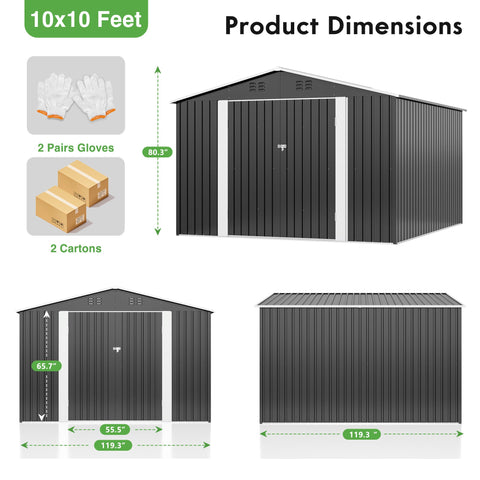 10' x 10' Outdoor Storage Shed, Steel Shed Storage House with Design of Lockable Doors, Utility and Tool Storage for Garden, Patio, Backyard