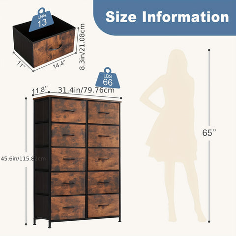 Dresser for Bedroom, 10 Storage Drawers, Tall Fabric Closet Chests Organizer Tower Furniture with Wooden Top Metal Frame for Clothes