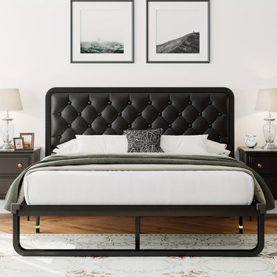 Metal Bed Frame with Button Tufted Upholstered Headboard, Heavy Duty Platform Bed Frame with 12" Storage, No Box Spring Needed