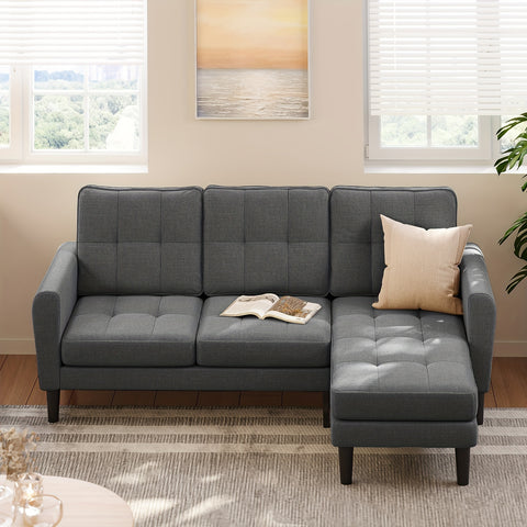 Modern Convertible Sectional Sofa With Ottoman, 3-Seat L-Shaped Design In Stylish Linen Fabric, Reversible Chaise - Perfect Small Couch For Apartments, Living Rooms, And Offices, Dark Grey