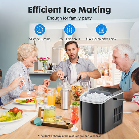 Ice Maker For Restaurant Countertop - Creates 9 Bullet Ice Cubes In 6 Mins, Produces 26lbs Ice In 24Hrs, Compact Portable Self-Cleaning Function Ice