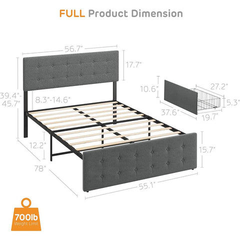 Bed Frame with 4 Storage Drawers and Adjustable Headboard, Linen Upholstered Platform Bed Frame, Diamond Stitched Button Tufted, No Box Spring Needed(Dark Grey)