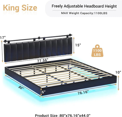 King Floating Bed Frame with LED Lights and Wall Mounted Headboard Modern Upholstered Platform Low Profile LED Bed Frame