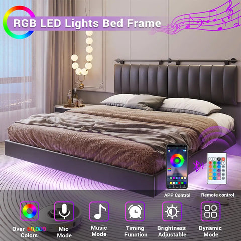 King Floating Bed Frame with LED Lights and Wall Mounted Headboard Modern Upholstered Platform Low Profile LED Bed Frame