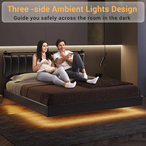 King Floating Bed Frame with LED Lights and Wall Mounted Headboard Modern Upholstered Platform Low Profile LED Bed Frame