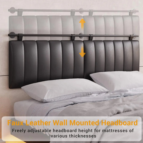 King Floating Bed Frame with LED Lights and Wall Mounted Headboard Modern Upholstered Platform Low Profile LED Bed Frame