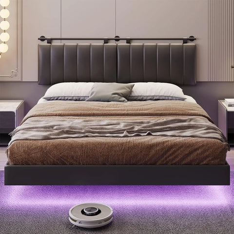 King Floating Bed Frame with LED Lights and Wall Mounted Headboard Modern Upholstered Platform Low Profile LED Bed Frame