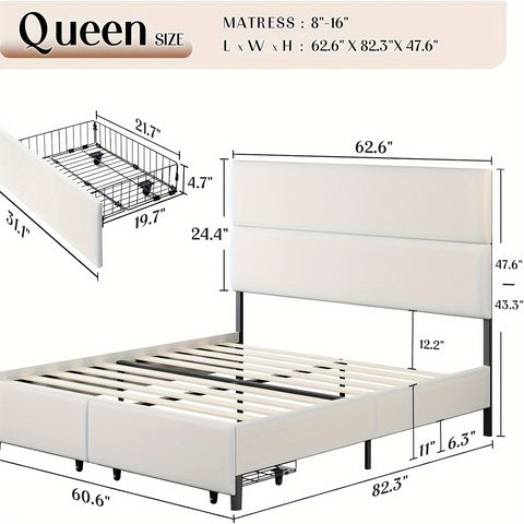 Platform Bed Frame with 47.6" Adjustable Linen Upholstered Headboard, Two Storage Drawers, Wooden Slats, No Box Spring Needed, Easy to Assemble, Noise-Free