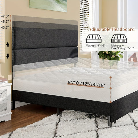 Platform Bed Frame with 47.6" Adjustable Linen Upholstered Headboard, Two Storage Drawers, Wooden Slats, No Box Spring Needed, Easy to Assemble, Noise-Free