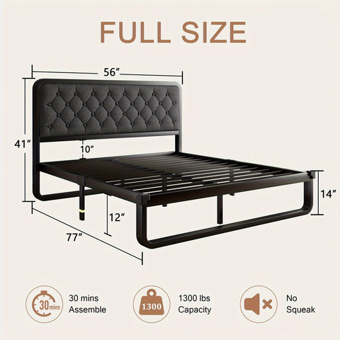 Metal Bed Frame with Button Tufted Upholstered Headboard, Heavy Duty Platform Bed Frame with 12" Storage, No Box Spring Needed