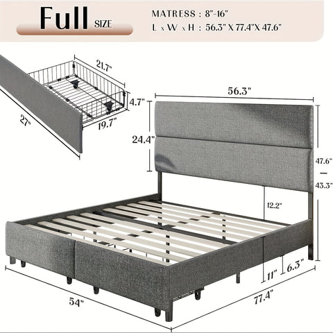 Platform Bed Frame with 47.6" Adjustable Linen Upholstered Headboard, Two Storage Drawers, Wooden Slats, No Box Spring Needed, Easy to Assemble, Noise-Free