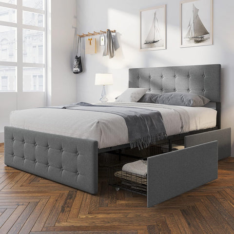 Bed Frame with 4 Storage Drawers and Adjustable Headboard, Linen Upholstered Platform Bed Frame, Diamond Stitched Button Tufted, No Box Spring Needed(Dark Grey)