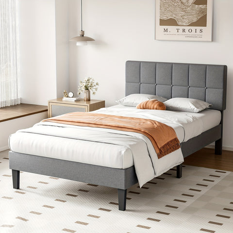 Luxurious Hardwood French Country Linen Upholstered Platform Bed Frame with Adjustable Headboard - No Box Spring Needed, Sturdy Wood Slats Sup