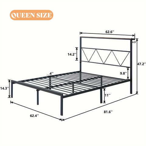 1pc Metal Bed Frame With Headboard Shelf, Classic Style Platform With LED Strip Light, 11" Underbed Clearance For Storage, Noise-Free, No Box Spring Needed - Sturdy Iron Construction