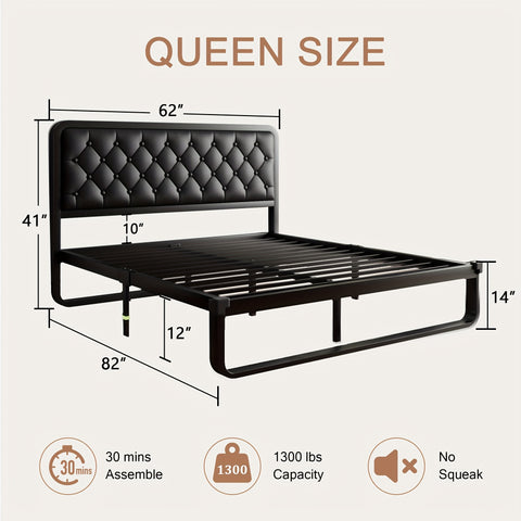 Metal Bed Frame with Button Tufted Upholstered Headboard, Heavy Duty Platform Bed Frame with 12" Storage, No Box Spring Needed