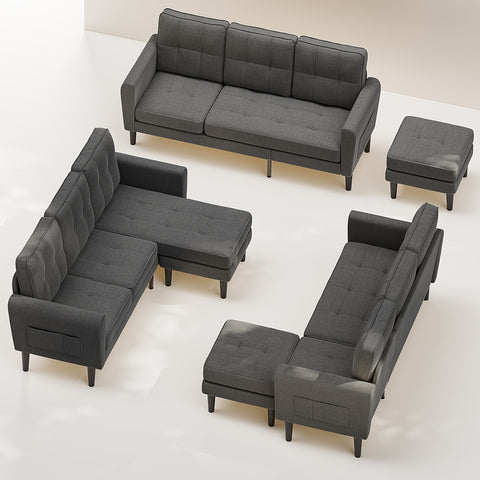 Modern Convertible Sectional Sofa With Ottoman, 3-Seat L-Shaped Design In Stylish Linen Fabric, Reversible Chaise - Perfect Small Couch For Apartments, Living Rooms, And Offices, Dark Grey